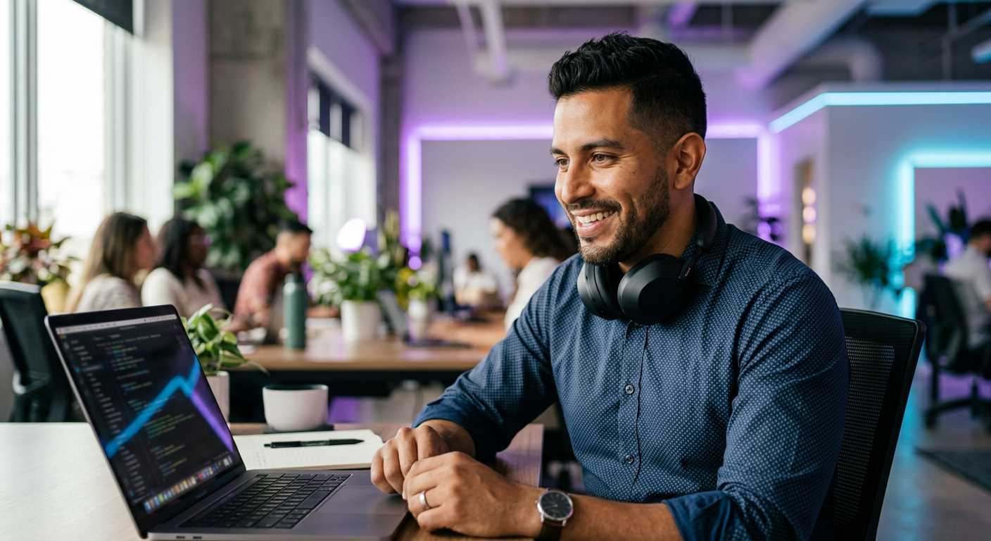 Ejecutivo latino confiado con su ingl&eacute;s de negocios